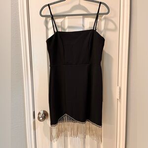 Rhinestone Fringe Mini Dress, Black